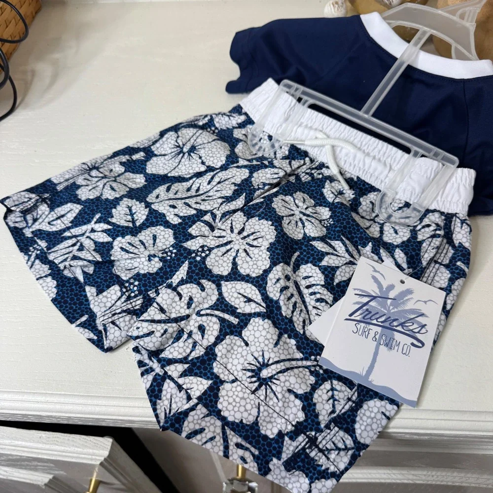 Trunks Surf & Swim Co Boys Swim Set 2 Marine Blue White Hibiscus TS0252420 NEW